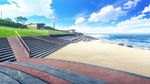  blue_sky building bush cloud cloudy_sky commentary_request copyright_name day foam grass mikago_kotaro no_humans ocean outdoors railing re:lief_~shin'ai_naru_anata_e~ rock sand scenery sky stairs tower tree water watermark waves 