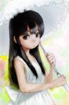  1girl black_hair child dress expressionless female long_hair looking_at_viewer original parasol pon side_glance solo 