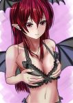  blush bra breasts cleavage head_wings highres kitaura_kasumi koakuma lace lace-trimmed_bra navel pointy_ears purple_background red_eyes red_hair slit_pupils the_embodiment_of_scarlet_devil touhou underwear wings 
