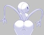  2018 anthro butt digital_media_(artwork) female freepancakes hi_res legendary_pok&eacute;mon looking_at_viewer looking_back monochrome multi_tail nintendo nude pok&eacute;mon pok&eacute;mon_(species) presenting presenting_hindquarters pussy simple_background smile solo uxie video_games 