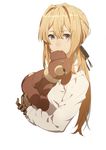  biting blonde_hair blue_eyes eyebrows_visible_through_hair gloves highres long_hair looking_at_viewer nanaya_(daaijianglin) simple_background solo stuffed_animal stuffed_toy upper_body violet_evergarden violet_evergarden_(character) white_background 