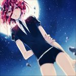  androgynous dutch_angle full_moon gem_uniform_(houseki_no_kuni) hair_between_eyes houseki_no_kuni looking_at_viewer mercury moon necktie night night_sky red_eyes red_hair shinsha_(houseki_no_kuni) short_hair shorts sky solo sparkle star_(sky) starry_sky uniform washi_(micino) 