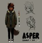  2017 anthro asper_(panzery25) bags_under_eyes canine clothed clothing english_text female fox grey_background half-closed_eyes mammal model_sheet open_jacket panzery25 signature simple_background solo standing text 