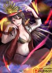  1girl black_hair breasts cleavage fate/grand_order fate_(series) full_moon groin hat highres ichikawayan jacket jacket_over_swimsuit large_breasts long_hair moon navel oda_nobunaga_(fate) oda_nobunaga_(swimsuit_berserker)_(fate) patreon_logo red_eyes solo swimsuit very_long_hair watermark web_address 