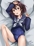  :d arm_over_head artist_name barefoot bed blue_sailor_collar blue_shirt brave_witches brown_eyes brown_hair cowboy_shot hair_ornament hairclip haruhata_mutsuki karibuchi_hikari looking_at_viewer lying old_school_swimsuit one-piece_swimsuit open_mouth pillow sailor_collar sailor_shirt school_swimsuit shirt short_hair signature smile solo swimsuit twitter_username world_witches_series 