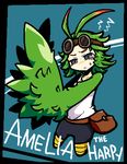  amelia_(khimera) annoyed antenna_hair aqua_background belt belt_pouch bird_wings black_border border boss character_name commentary_request feathered_wings flat_color flipped_hair frown full_body furrowed_eyebrows goggles goggles_on_head green_hair green_wings grey_eyes half-closed_eyes harpy khimera_destroy_all_monster_girls looking_at_viewer monster_girl oekaki pirate pouch remoremora shirt short_hair shorts simple_background solo squiggle sweatdrop t-shirt wings 