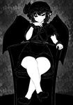  bat_wings blush chair commentary crossed_legs curvy dress greyscale haseru_(ginku_mh) hat high_heels mob_cap monochrome naughty_face no_nose remilia_scarlet sitting solo thick_thighs thighs touhou tsurime wide_hips wings wrist_cuffs 