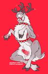  2017 antlers balls bell blush cervine collar feral fur hair hhazard hooves horn human human_to_feral humanoid_penis male mammal muzzle_(object) nude penis precum red_background reindeer restricted_palette signature simple_background smile solo transformation url 