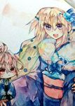  1boy 1girl ahoge bangs blonde_hair blue_ribbon blush bow brown_hair chibi couple eyebrows_visible_through_hair fate/apocrypha fate_(series) fur_scarf hair_between_eyes hair_flower hair_ornament hair_ribbon hetero japanese_clothes jeanne_d&#039;arc_(fate) jeanne_d&#039;arc_(fate)_(all) kimono long_hair looking_at_another looking_at_viewer new_year obi purple_bow purple_eyes purple_kimono red_eyes ribbon rono_(7272usa) ruler_(fate/apocrypha) scarf short_hair sieg_(fate/apocrypha) sweatdrop very_long_hair 