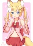  :d animal_ear_fluff animal_ears bangs bare_shoulders bell blonde_hair blue_eyes blush collarbone commentary_request detached_sleeves eyebrows_visible_through_hair fang fox_ears fox_girl fox_shadow_puppet fox_tail groin hair_ornament hairclip hands_up jingle_bell kaiware-san kemomimi_oukoku_kokuei_housou long_hair long_sleeves looking_at_viewer mask mask_on_head mikoko_(kemomimi_oukoku_kokuei_housou) open_mouth pleated_skirt purple_background red_skirt signature skirt smile solo tail twintails two-tone_background virtual_youtuber white_background wide_sleeves 