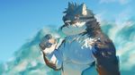  2017 5_fingers black_nose bust_portrait chest_tuft clothed clothing cloud eyewear eyewear_on_head fangs gharne goggles goggles_on_head kemono male moritaka outside portrait scar seashell sky slightly_chubby smile solo standing tokyo_afterschool_summoners topless tuft 