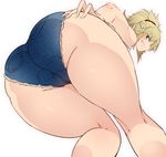  ass blonde_hair blush denim denim_shorts fate/apocrypha fate_(series) from_below green_eyes grin highres long_hair looking_at_viewer mordred_(fate) mordred_(fate)_(all) ponytail sekiyu_(spartan) shorts simple_background smile solo white_background 