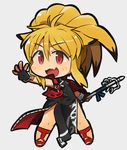  animal_ears blonde_hair chibi china_dress chinese_clothes dress fang fingerless_gloves fox_ears full_body gloves ibara. long_hair multicolored_hair namco_x_capcom open_mouth ponytail red_eyes smile solo super_robot_wars super_robot_wars_og_saga_mugen_no_frontier two-tone_hair xiaomu zipper 
