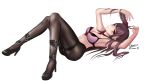  1girl absurdres arm_up armpits ass bangs black_footwear black_legwear blush bra breasts closed_mouth collarbone commentary curtains eyebrows_visible_through_hair girls_frontline hair_ribbon high_heels highres ichikawayan knees_together_feet_apart knees_up large_breasts long_hair looking_at_viewer lying navel necktie one_side_up pantyhose pillow purple_hair red_eyes red_neckwear ribbon signature smile solo stomach twitter_username underwear underwear_only very_long_hair wa2000_(girls_frontline) 