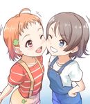  ;d ahoge bangs blue_eyes cheek-to-cheek clover_hair_ornament eyebrows_visible_through_hair grey_hair grin hair_ornament hand_on_hip kanabun love_live! love_live!_sunshine!! multiple_girls one_eye_closed open_mouth orange_hair overalls red_eyes red_shirt shirt short_sleeves smile striped striped_shirt suspenders takami_chika watanabe_you younger 