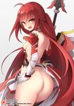  ass back black_legwear blush breasts cape elesis_(elsword) elsword eyebrows_visible_through_hair from_behind gloves grand_master_(elsword) grey_background holding holding_spear holding_weapon long_hair looking_at_viewer looking_back nipples open_mouth polearm red_eyes red_hair revision shield sideboob simple_background small_breasts solo spear standing symbol-shaped_pupils teeth thighhighs torn_clothes very_long_hair waero watermark weapon web_address white_gloves 