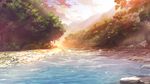  cloudy_sky commentary_request day forest highres lens_flare light_particles mikago_kotaro nature no_humans original outdoors river rock scenery sky sunset tree water water_surface 
