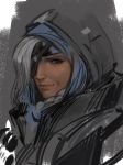  1girl ana_(overwatch) brown_eyes coat dark_skin eyeliner eyepatch facial_mark facial_tattoo grey_background grey_hair highres hijab jang_ju_hyeon light_smile lips looking_at_viewer makeup no_tattoo old_woman overwatch portrait short_hair sketch solo tattoo white_background wrinkles 
