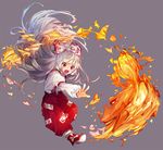  bangs bow commentary_request fire fujiwara_no_mokou full_body grey_background hair_bow kuroda_(kuro_yyy) long_hair ofuda open_mouth outstretched_arm pants red_eyes red_footwear shirt shoes silver_hair simple_background solo suspenders touhou very_long_hair white_bow white_shirt 