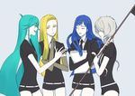  ahoge alexandrite_(houseki_no_kuni) androgynous aqua_eyes aqua_hair blonde_hair blue_hair cao_hong_anh chrysoberyl_(houseki_no_kuni) elbow_gloves gem_uniform_(houseki_no_kuni) ghost_quartz_(houseki_no_kuni) gloves green_eyes green_hair grey_hair highres houseki_no_kuni lapis_lazuli_(houseki_no_kuni) long_hair multiple_others necktie short_hair short_hair_with_long_locks shorts smile uniform very_long_hair yellow_eyes 