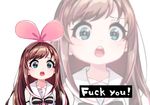  a.i._channel bangs bare_shoulders blue_eyes blush bow bowtie brown_hair commentary detached_sleeves english hair_bow hairband kizuna_ai long_hair looking_at_viewer open_mouth pikomarie pink_bow pink_pupils profanity sailor_collar school_uniform serafuku solo upper_teeth virtual_youtuber white_sailor_collar zoom_layer 