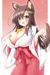  :o alternate_costume animal_ears between_breasts blush breasts brown_hair commentary_request fang food fruit highres huge_breasts imaizumi_kagerou japanese_clothes long_hair mandarin_orange miko open_mouth osashin_(osada) red_eyes solo tail touhou wide_sleeves wolf_ears wolf_tail 