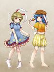  :o ? animal_ears bangs bare_legs barefoot blonde_hair bloomers blue_dress blue_hair breasts brown_hat bunny_ears bunny_tail cabbie_hat closed_mouth cosplay costume_switch crescent crop_top crossed_bangs dress dress_lift ear_clip eyebrows eyebrows_visible_through_hair floppy_ears frilled_dress frilled_shirt frilled_shorts frilled_sleeves frills gradient gradient_background hat knees_together_feet_apart legs_apart lifted_by_self long_hair looking_down medium_breasts moon_print multicolored multicolored_clothes multicolored_shorts multiple_girls navel open_mouth orange_shirt outline pigeon-toed puffy_short_sleeves puffy_shorts puffy_sleeves raised_eyebrow red_eyes ringo_(touhou) ringo_(touhou)_(cosplay) seiran_(touhou) seiran_(touhou)_(cosplay) shirt short_hair short_sleeves shorts socks standing star star_print stomach striped striped_shorts sweat tail tareme touhou underwear vertical_stripes wavy_mouth white_bloomers white_footwear white_outline white_shorts yellow_shorts ys_(fall) 