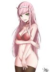  1girl absurdres bottomless breasts choker cleavage covering covering_crotch darling_in_the_franxx fang green_eyes highres ichikawayan large_breasts long_hair navel open_mouth pink_hair skindentation smile solo strap_gap thighhighs zero_two_(darling_in_the_franxx) 