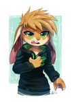  2016 4_fingers anthro better_version_at_source brown_fur clothing ears_down fur grabbing green_eyes jeans lagomorph looking_at_viewer male mammal nails open_mouth pain pants rabbit shirt signature simple_background skeleion solo standing waist_up 