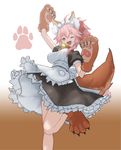  animal_ears apron bell bell_collar breasts cat_hair_ornament cat_paws collar fangs fate/grand_order fate_(series) flasso fox_ears fox_tail gloves gradient gradient_background hair_ornament jingle_bell large_breasts long_hair looking_at_viewer looking_down maid_headdress one_eye_closed paw_gloves paw_shoes paws pink_hair ponytail shoes solo tail tamamo_(fate)_(all) tamamo_cat_(fate) yellow_eyes 