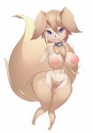  1girl animal_ears bad_id bluespice breasts brown_hair erect_nipples fangs furry large_breasts nipples original purple_eyes short_hair simple_background solo tail white_background 