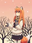  animal_humanoid blush breath brown-eyes clothing dav-19 day dead_tree female fox_humanoid hair humanoid legwear orange_hair orange_theme outside patricia_(dav-19) ribbons sailor_fuku scarf skirt snow snowing socks solo sunset sweater thigh_socks winter 