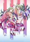  alternate_costume animal_ears bangs cloud_print commentary_request curly_hair dtvisu dual_persona green_eyes green_hair happy_new_year highres horn japanese_clothes kimono komano_aun long_hair looking_at_another multiple_girls new_year obi paw_pose red_kimono sandals sash smile tabi touhou white_kimono white_legwear wide_sleeves 