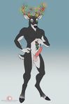  2017 anthro antlers balls christmas christmas_lights fur green_eyes grey_fur hi_res holidays hooves horn incorgnito male mistletoe muscular muscular_male nude penis plant solo 