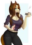  2018 5_fingers anthro black_nose blue_eyes breasts brown_hair cake canine clothed clothing digital_media_(artwork) ear_piercing ei-ka female food hair holding_object mammal piercing solo 