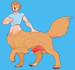  2017 animal_genitalia animal_humanoid animal_penis balls blue_background blush brown_eyes brown_fur brown_hair canine canine_penis canine_taur clothed clothing curly_hair dog dog_humanoid erection fur hair hhazard humanoid knot male mammal open_mouth partially_clothed penis pink_penis post_transformation precum raised_leg sheath shirt signature simple_background solo taur tongue tongue_out 