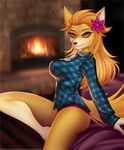  adorableinall alpha_and_omega anthro bedding blanket blonde_hair blouse canine clothing female fire fireplace flower hair invalid_color kate_(alpha_and_omega) looking_at_viewer mammal panties plant shirt solo unbuttoned underwear wolf 