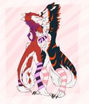  anthro azaly black_fur blush braided_hair clothing digital_media_(artwork) duo ear_piercing fur hair hi_res kazuhiro_yasei kissing legwear long_hair long_tail male male/male mammal piercing prideful-demon purple_hair red_fur sergal sergals simple_background smile stockings white_fur 