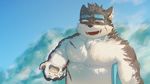  2017 5_fingers black_nose bust_portrait chest_tuft clothed clothing cloud eyes_closed eyewear eyewear_on_head fangs gharne goggles goggles_on_head kemono male moritaka open_mouth outside portrait scar seashell sky slightly_chubby smile solo standing tokyo_afterschool_summoners topless tuft 