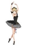  armband armpits arms_up ballerina ballet_slippers bare_shoulders black_dress black_footwear blue_eyes blue_ribbon breasts dress full_body hair_bun hair_rings highres looking_at_viewer makaria official_art plantar_flexion princess_(princess_principal) princess_principal princess_principal_game_of_mission ribbon short_hair small_breasts smile solo standing standing_on_one_leg tiara transparent_background 