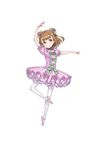  arm_up ballerina ballet_slippers beatrice_(princess_principal) brown_eyes brown_hair choker double_bun dress flat_chest flower full_body hair_flower hair_ornament highres looking_at_viewer makaria official_art pantyhose pink_footwear plantar_flexion princess_principal princess_principal_game_of_mission puffy_short_sleeves puffy_sleeves purple_choker purple_dress short_hair short_sleeves smile solo standing tiptoes transparent_background white_legwear 