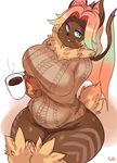  2018 anthro bat beverage big_breasts blue_eyes bottomless breasts clothed clothing coffee digital_media_(artwork) eyeshadow female hair hi_res huge_breasts lightsource looking_at_viewer makeup mammal neck_tuft partially_clothed simple_background sitting slightly_chubby solo sweater_puppies thick_thighs tuft voluptuous wide_hips 
