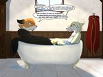  2018 anthro bathtub blonde_hair breasts canine carver_(twokinds) clovis_(twokinds) detailed_background digital_media_(artwork) dog duo english_text featureless_breasts female fox hair hybrid infinitedge2u keidran male mammal partially_submerged text twokinds water wolf 