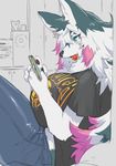  anthro big_breasts blue_eyes blush breasts canine cellphone clothed clothing dog female hair huge_breasts husky kishibe mammal multicolored_hair phone solo 