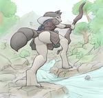  anus armello armor bottomless bow_(weapon) canine clitoris clothed clothing colored creek damn_lasso_tool edit female looking_back mammal partially_clothed pussy ranged_weapon river river_(armello) rock solo tree weapon wolf 