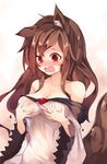  animal_ears bare_shoulders blush breasts brooch brown_background brown_hair chiroru_(cheese-roll) cleavage collarbone dress embarrassed gradient gradient_background highres imaizumi_kagerou jewelry long_hair medium_breasts open_mouth red_eyes see-through self_fondle solo tail tears touhou wavy_hair white_background wide_sleeves wolf_ears wolf_tail 