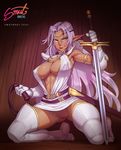  abs bbc-chan breasts cleavage clothed clothing dark_skin elf female hair humanoid legwear long_hair looking_at_viewer melee_weapon not_furry pirotess pointy_ears purple_hair pussy record_of_lodoss_war solo sword taboolicious thigh_highs weapon 