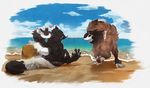  2017 ambiguous_gender beach black_fur brown_fur digital_drawing_(artwork) digital_media_(artwork) feral fur grypwolf kissing kukuri sand seaside shoreline water white_fur young 