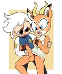  animal_crossing antelope anthro beau_(animal_crossing) blue_eyes hair human male male/male mammal masturbation miscon nintendo penis tagme video_games villager_(animal_crossing) white_hair 