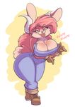 2018 anthro big_breasts boots breasts cleavage clothed clothing female footwear gloves hair joelasko lagomorph mammal overalls rabbit solo standing teasing thick_thighs tongue tongue_out voluptuous wide_hips 